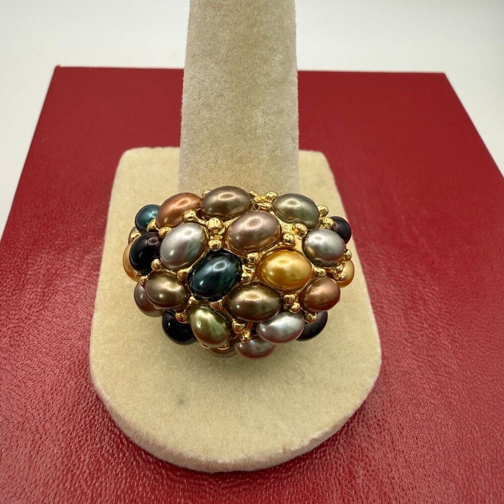 Kenneth Jay Lane vintage gold tone ring dome multi-colored faux pearls New sz 6